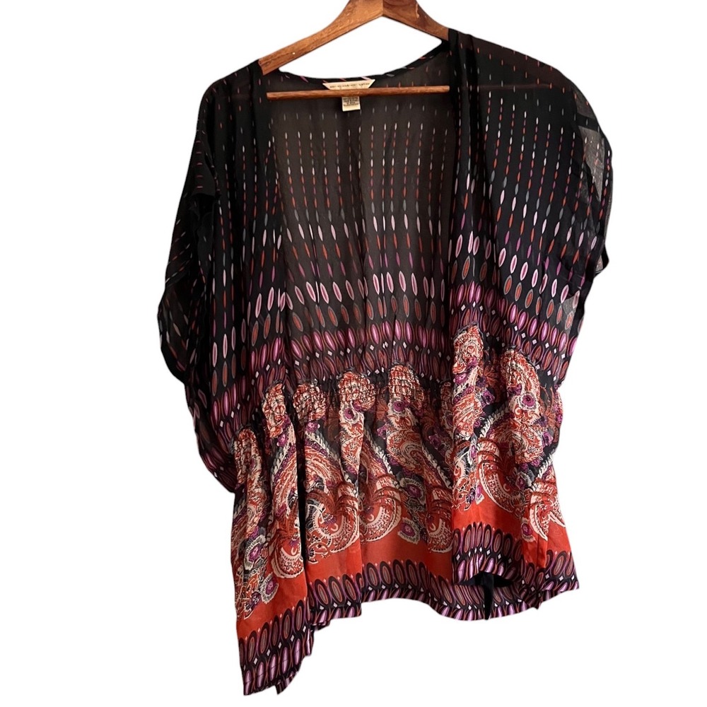 E-colo-gie Kimono Top Women XL Black Red Excellent Paisley Smocked Sheer Coverup